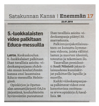 13.01.2014 Satakunnan kansa
5. -luokkalaisten video palkitaan Educa-messuilla